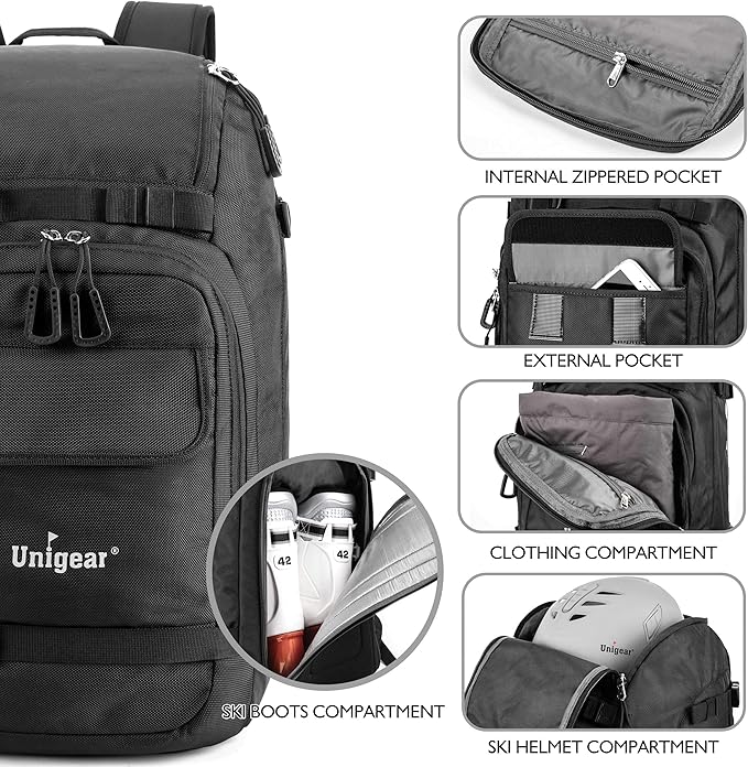 Unigear Ski Boot Bag Backpack for Helmet 50L/70L, Goggles, Gloves, Skis, Snowboard & Accessories (Black)