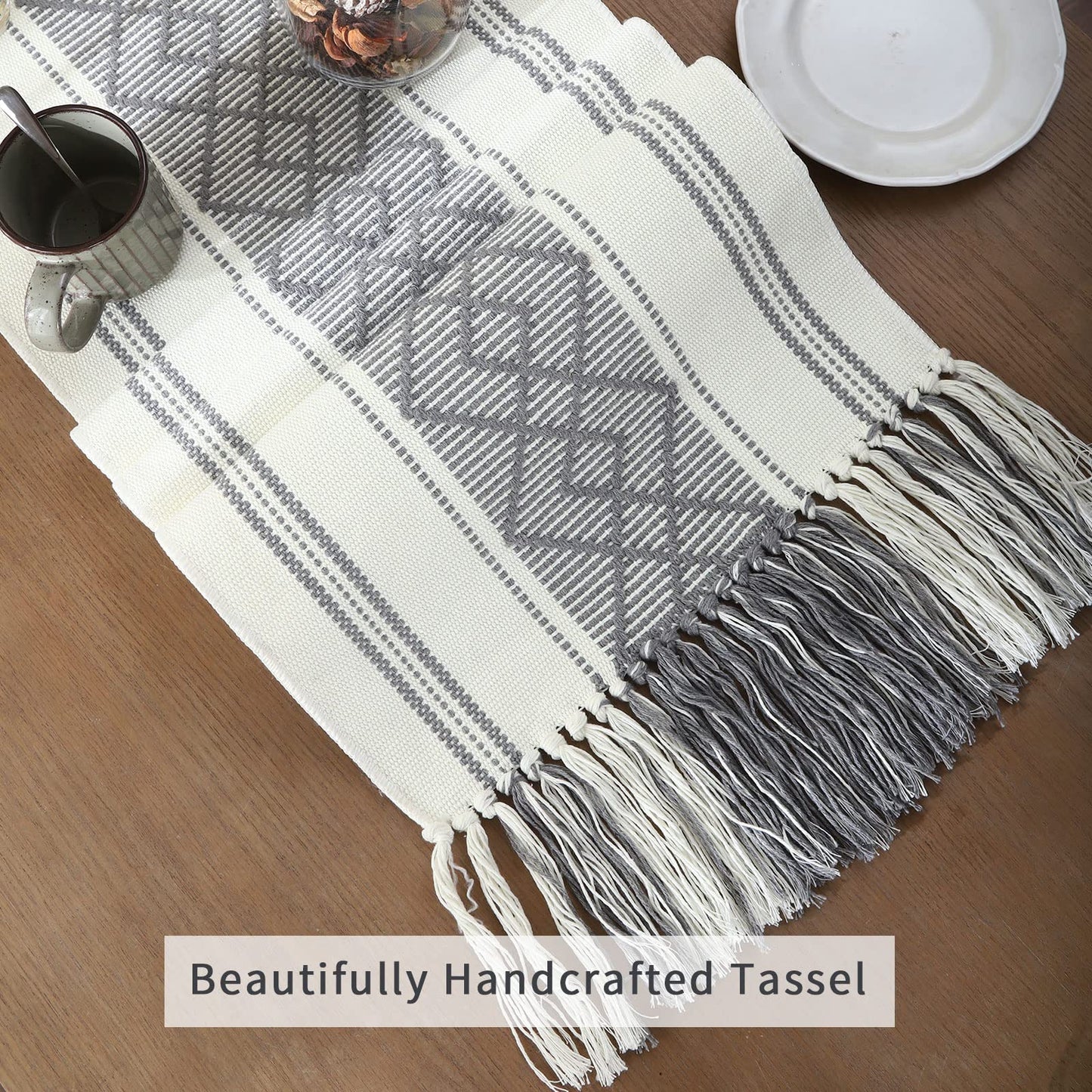 LUFEIJIASHI Woven Table Runners Farmhouse Style,Boho Table Runners 108 inches Long with Tassels Elegant Washable Table Runners for Dining Room ,Wedding,Holiday,Party Table Decor (14.5x108inch, Grey)