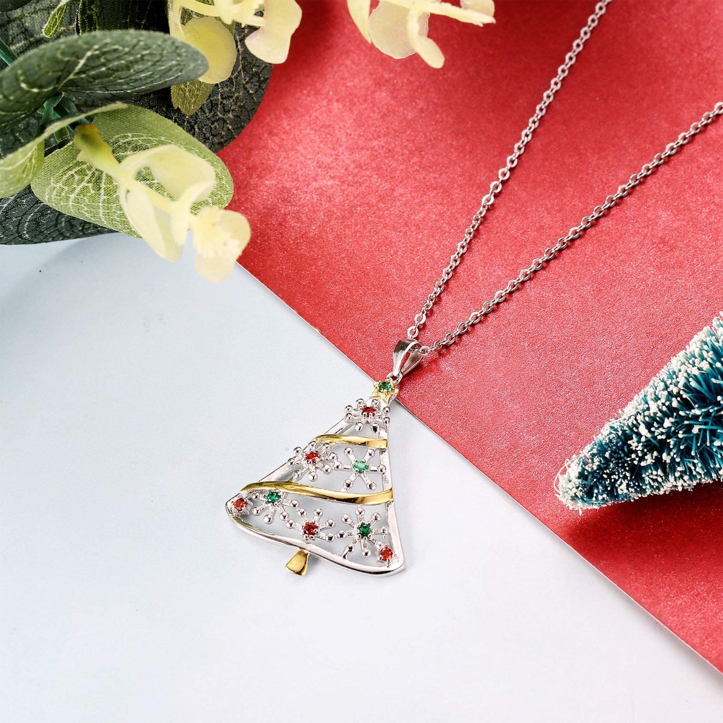 Sllaiss 925 Sterling Silver Christmas Tree Pendant Necklace Costume Jewelry Christmas Jewelry Gifts Long Pendant Necklace for Women