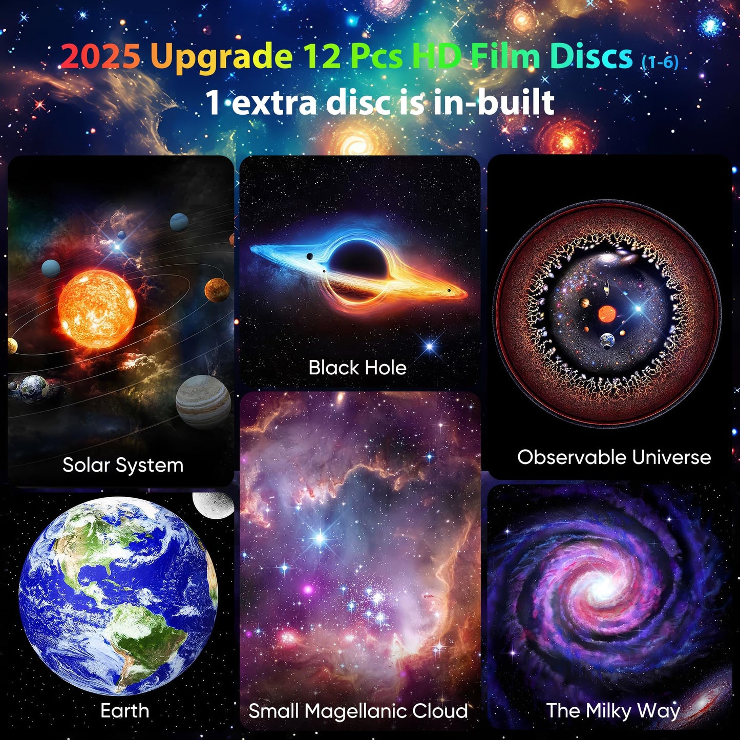 Galaxy Projector for Bedroom Pro Version, Upgraded Film Disc Star Projector for Kid 12 in 1 Planetarium Projector HD Image Adjustable Knob 360° Rotating 1/2h Timer Simple 4-Button Control