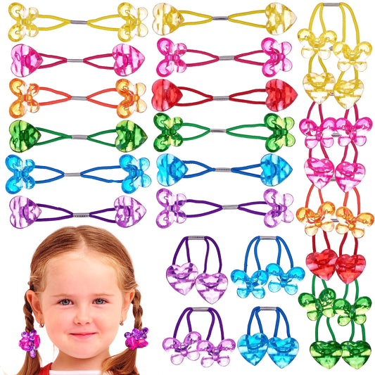 Expressions 24pc Heart & Butterfly Ponytailers, Assorted Multicolored Bead Hair Ties and Holders for Toddlers and Kids