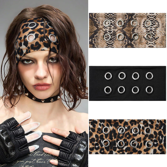 Mesovor 3 Pack Fashion Grommet Wide Headbands for Women, Hollow Out Eyelets Elastic Head Bands | Y2k Girls Punk Grunge Stretchy Hair Accessory (Black, Snakeskin, Leopard, 3.9" wide)