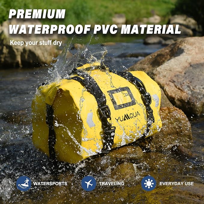 Waterproof Duffel Bag, Large Duffle Bag for Travel Heavy Duty Dry Bag with Durable Strap & Handle for Outdoor Motorcycle Boating Rafting Kayaking Paddleboarding, 40L Capacity after Fold Yellow