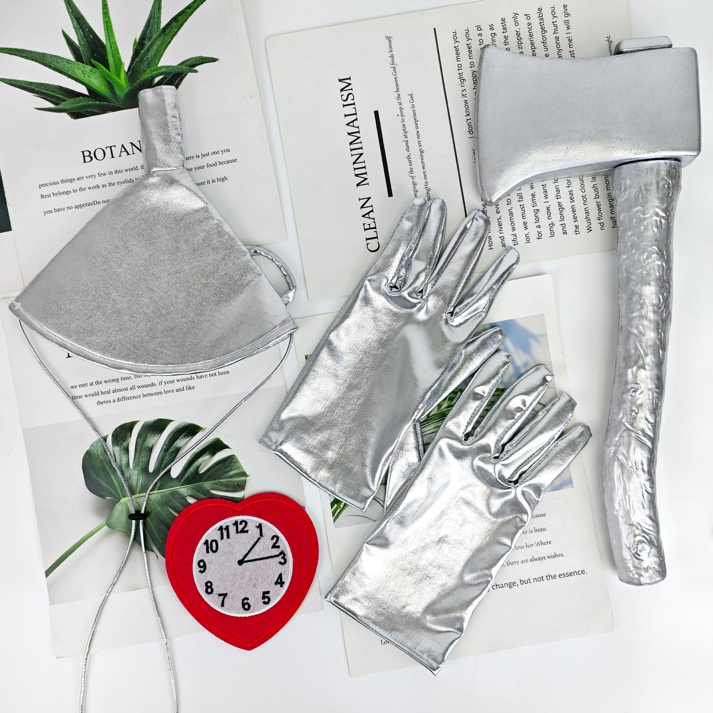 Yezmo 5PCS Tin Costume Accessories, Silver Axe Funnel Hat Set with Heart Clock Brooch Silvery Gloves for Adult Men for Cosplay Party