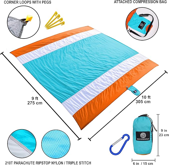 ECCOSOPHY Sandproof Beach Blanket - Oversized Sand Free Beach Mat 9'x10' - Lightweight Outdoor Picnic Blanket Anchored with 4 Corner Sand Pockets & Plastic Stakes - Heat Proof, Quick Drying & Compact