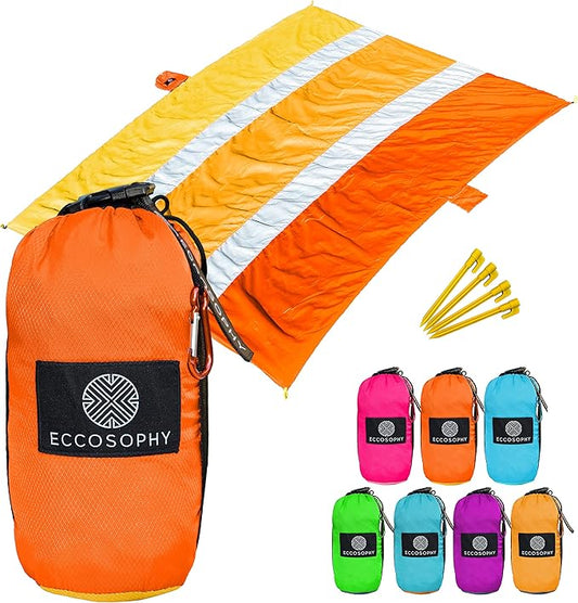 ECCOSOPHY Sandproof Beach Blanket - Oversized Sand Free Beach Mat 9'x10' - Lightweight Outdoor Picnic Blanket Anchored with 4 Corner Sand Pockets & Plastic Stakes - Heat Proof, Quick Drying & Compact