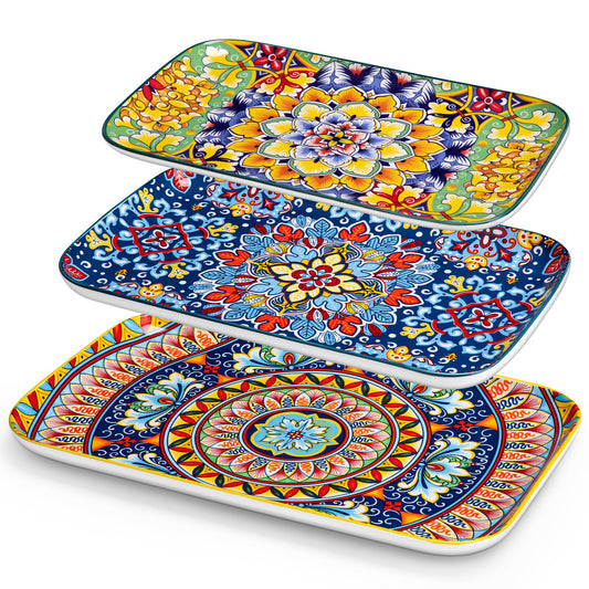 vancasso Serving Platters Set of 3, 16"/14"/12" Inch Rectangular Trays - Serving Platter Extra Large, Bohemian Ceramic Serving Dish for Entertaining Food, Microwave & Dishwasher Safe, Vintage