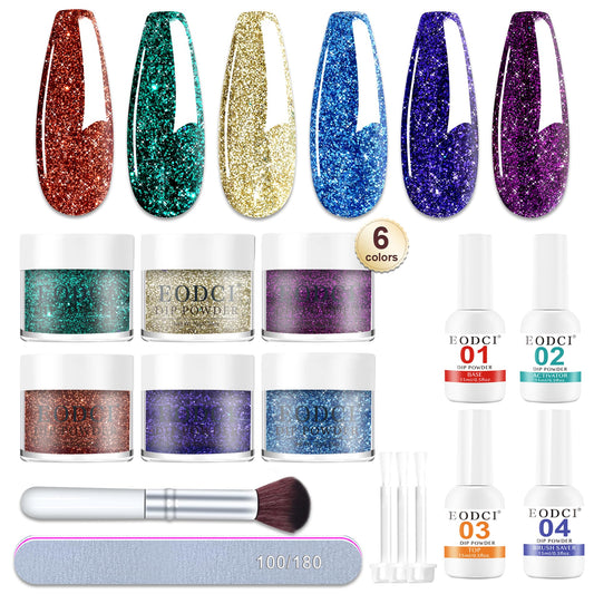 Eodci 12 Pcs Dip Powder Nail Kit Starter, 6 Colors Glitter Blue Starry Green Sparkle Purple Dipping Powder Kit with Base & Top Coat, Nail Art Dip Manicure Kits for Women