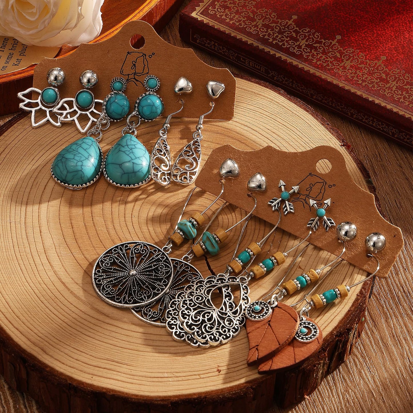 IFKM 50 PCS Silver Bohemian Jewelry Set With 7pcs Turquoise Necklace,12 pairs Dangle Earrings, 7pcs Stackable Bangle Bracelets, 24pcs Knuckle Rings For Women Vintage Western Boho Turquoise Anniversary Birthday Friendship Gift (Bohemian style)