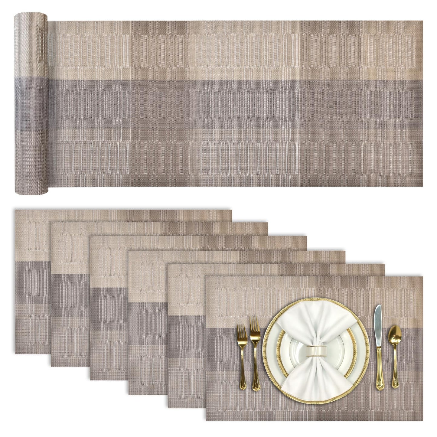 Aofmee Table Runner and Placemats Set of 6 Washable, Heat Resistant Place Mats with Table Runner, Woven Vinyl Table Placemats, Stain Resistant Kitchen Table Mats Sets, Easy to Clean, Gold, Set of 7