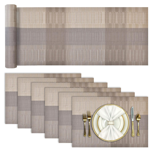 Aofmee Table Runner and Placemats Set of 6 Washable, Heat Resistant Place Mats with Table Runner, Woven Vinyl Table Placemats, Stain Resistant Kitchen Table Mats Sets, Easy to Clean, Gold, Set of 7