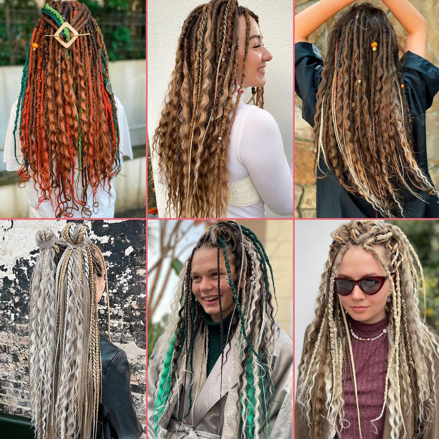 Leeven Wavy Double Ended Dreadlock Extensions 24 Inch Black to Blonde Ombre DE Curly Synthetic Dreads 10 Strands Boho Dread Extensions Braid in Handmade Hippie Dreads Thin Wool Dreads for Women Men