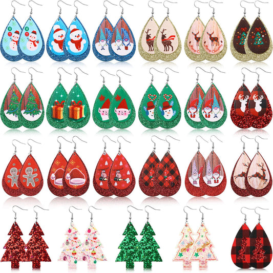 Hicarer 23 Pairs Christmas Leather Earrings Bulk for Women Glitter Faux Leather Teardrop Dangle Earrings Lightweight Xmas Ear Loop Tree Snowman Jewelry Gift for Winter Holiday New Year Party Supplies