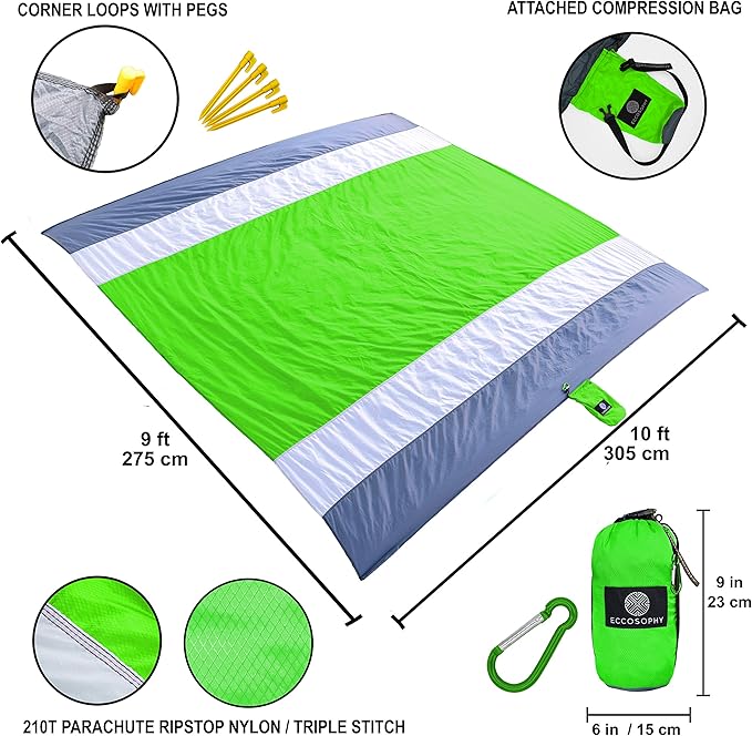 ECCOSOPHY Sandproof Beach Blanket - Oversized Sand Free Beach Mat 9'x10' - Lightweight Outdoor Picnic Blanket Anchored with 4 Corner Sand Pockets & Plastic Stakes - Heat Proof, Quick Drying & Compact