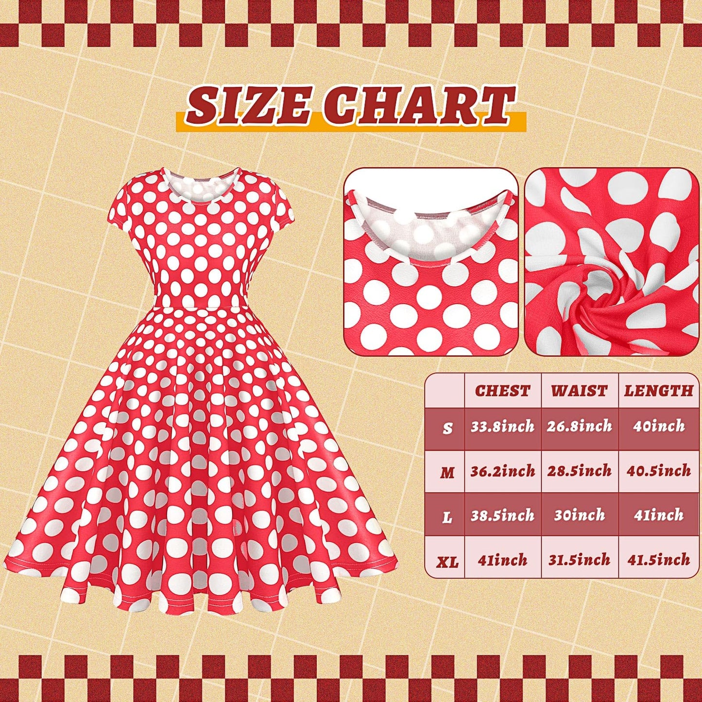 JenPen 7 Pcs 50s Women Costume Vintage Polka Dot Cocktail Dress Retro 50s Chiffon Scarf Cat Eye Glasses Headband Earring(L)