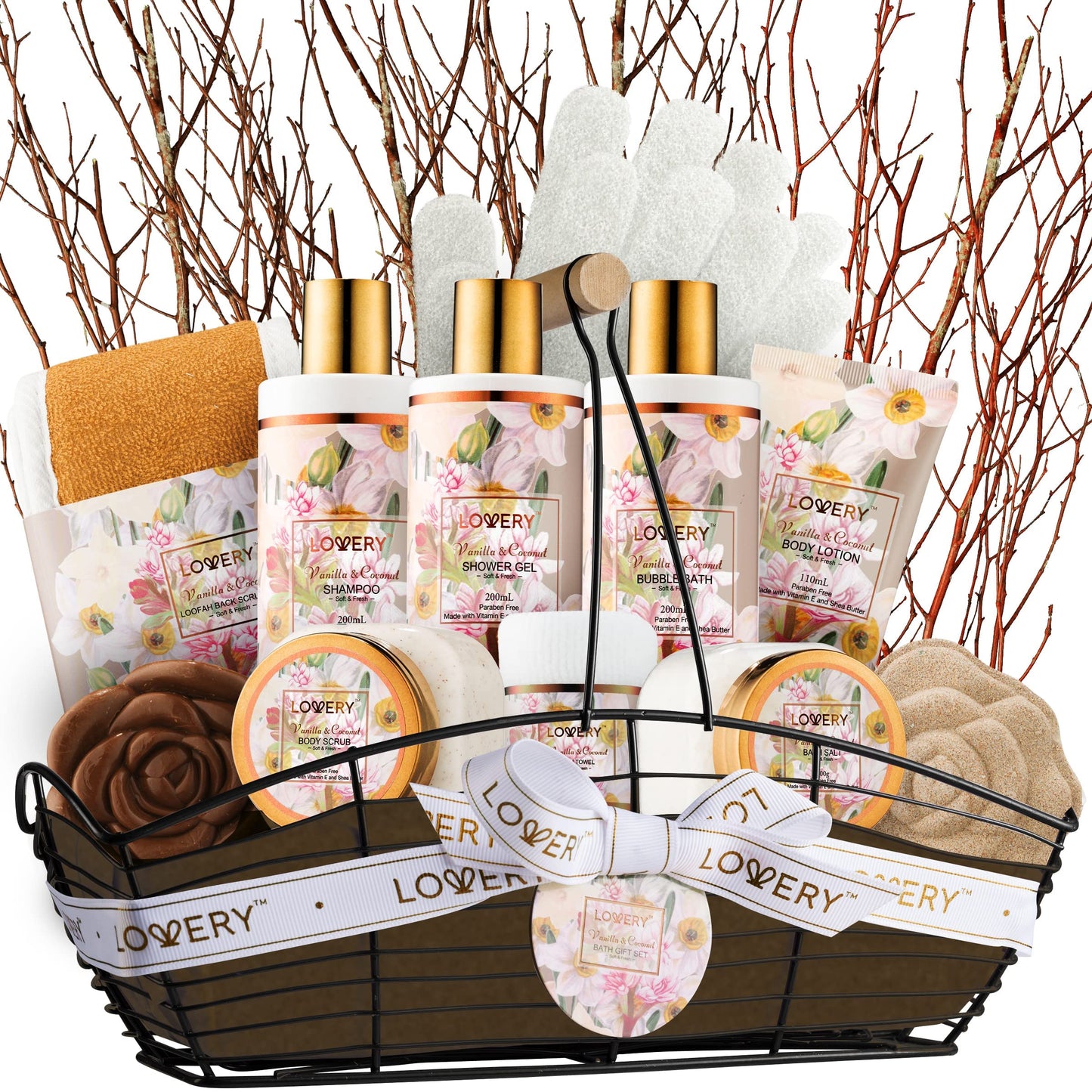 LOVERY Vanilla Coconut Bath & Spa Gift Set, 13pc Spa Gift Basket, Gifts for Women & Men, Bath Bomb, Body Lotion, Bubble Bath & More