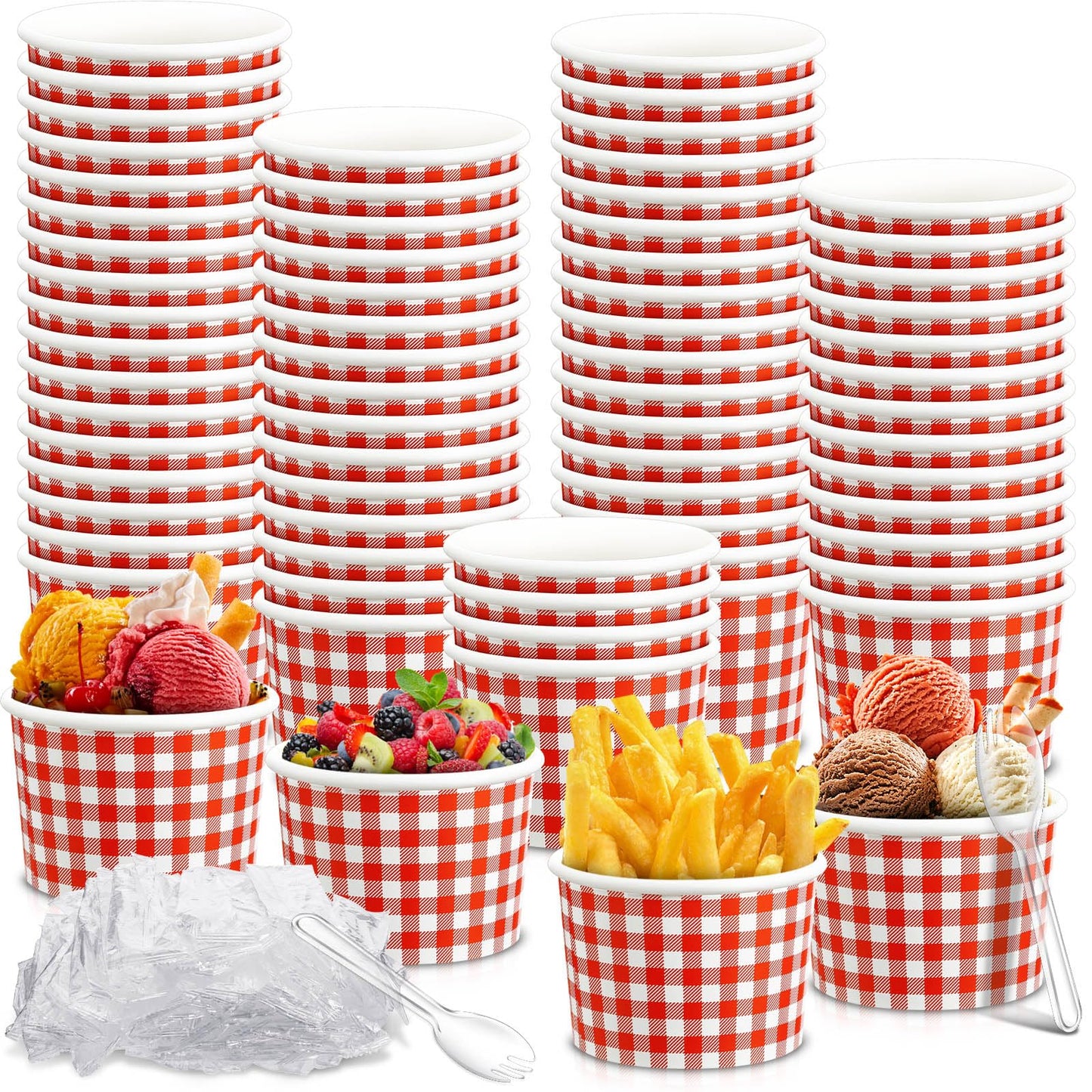 Tessco 100 Pack 12oz Ice Cream Cups Gingham Snack Bowls Party Supplies Gingham Bowls for Hot Soup Snacks Fruits(Red)