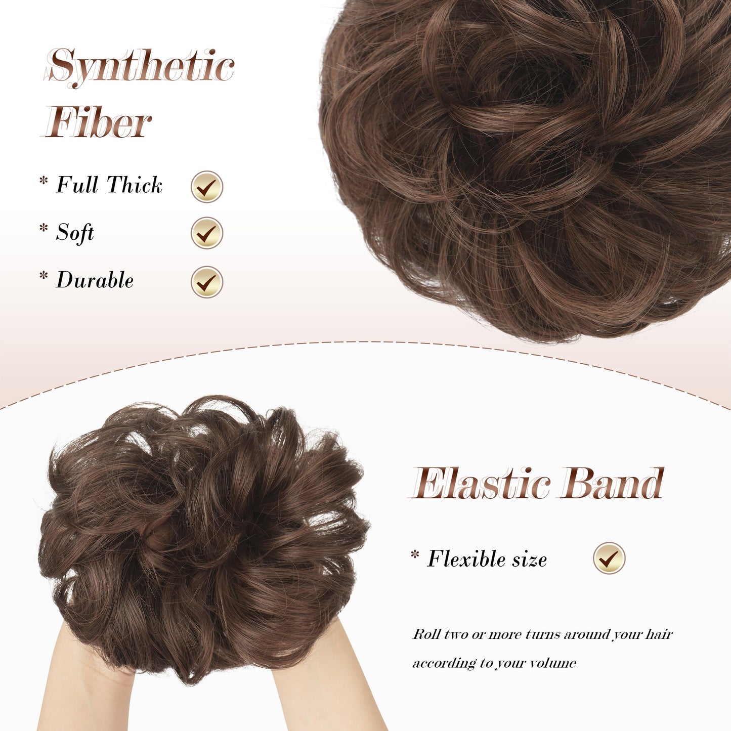 FESHFEN Messy Bun Hair Piece - Large Wavy Curly Elastic Hair Bun Scrunchies Ponytail Extensions Synthetic Chignon Hairpieces for Women, Darkest Brown 1.94oz