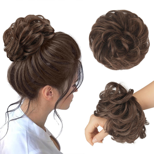 FESHFEN Messy Bun Hair Piece - Large Wavy Curly Elastic Hair Bun Scrunchies Ponytail Extensions Synthetic Chignon Hairpieces for Women, Darkest Brown 1.94oz