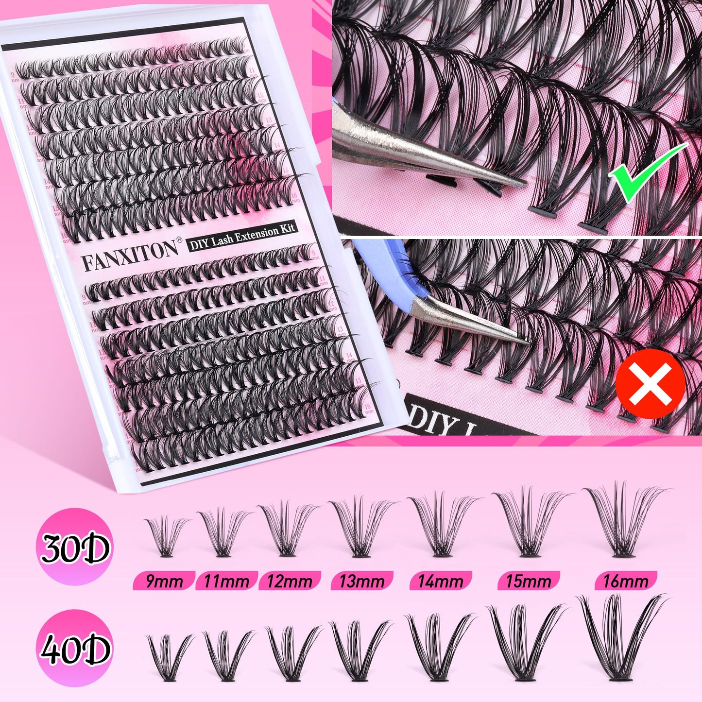 DIY Lash Extension Kit Natural Lash Clusters 30D+40D Mix 9-16 mm D Curl lndividual Lashes Lash Remover 280 pcs Wispy Eyelash Extension Kit with Lash Bond and Seal and Lash Tweezers by FANXITON