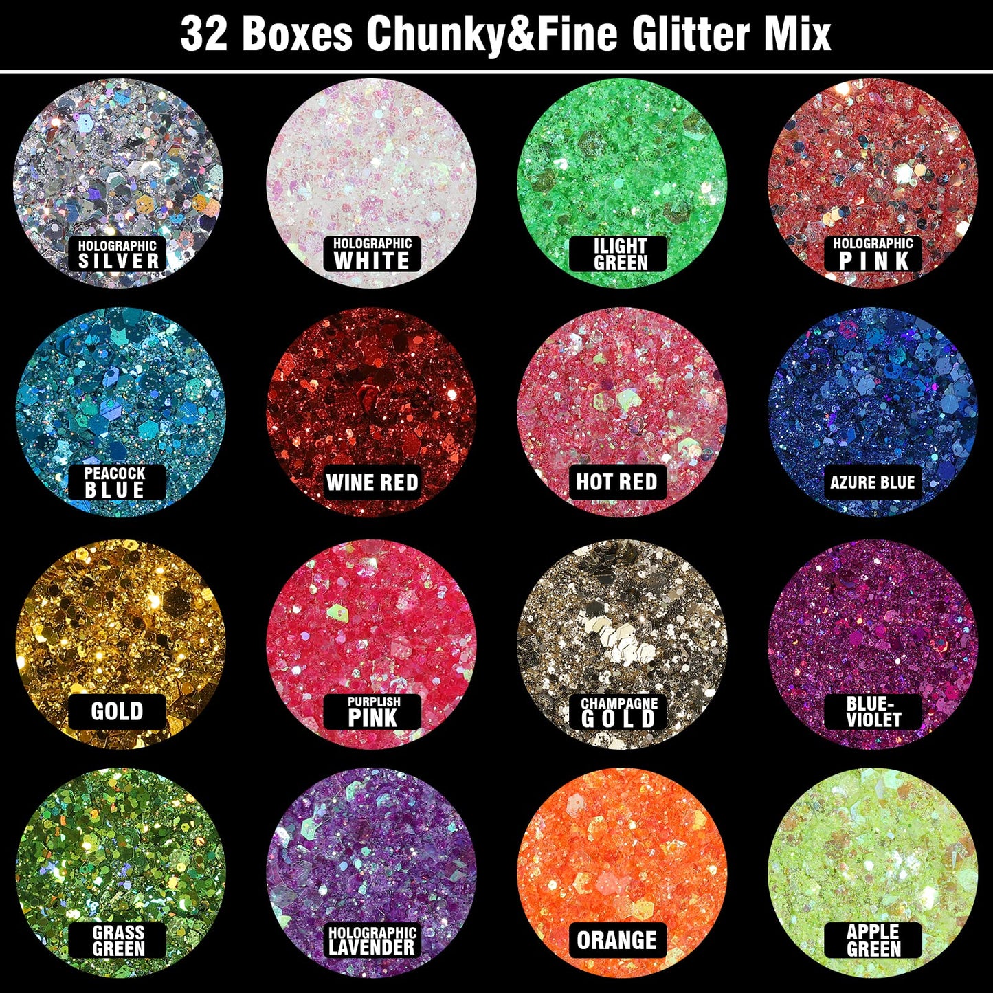 Festival Chunky and Fine Glitter Powder Mix, Teenitor 32 Colors Chunky Sequins, Iridescent Glitter Flakes, Cosmetic Face Body Eye Hair Nail Art Resin Tumbler Loose Glitter
