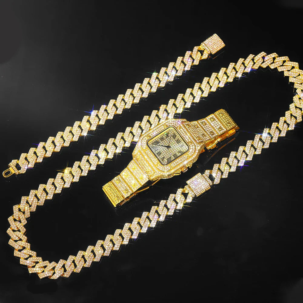 Gold Cuban Chain Watch Set