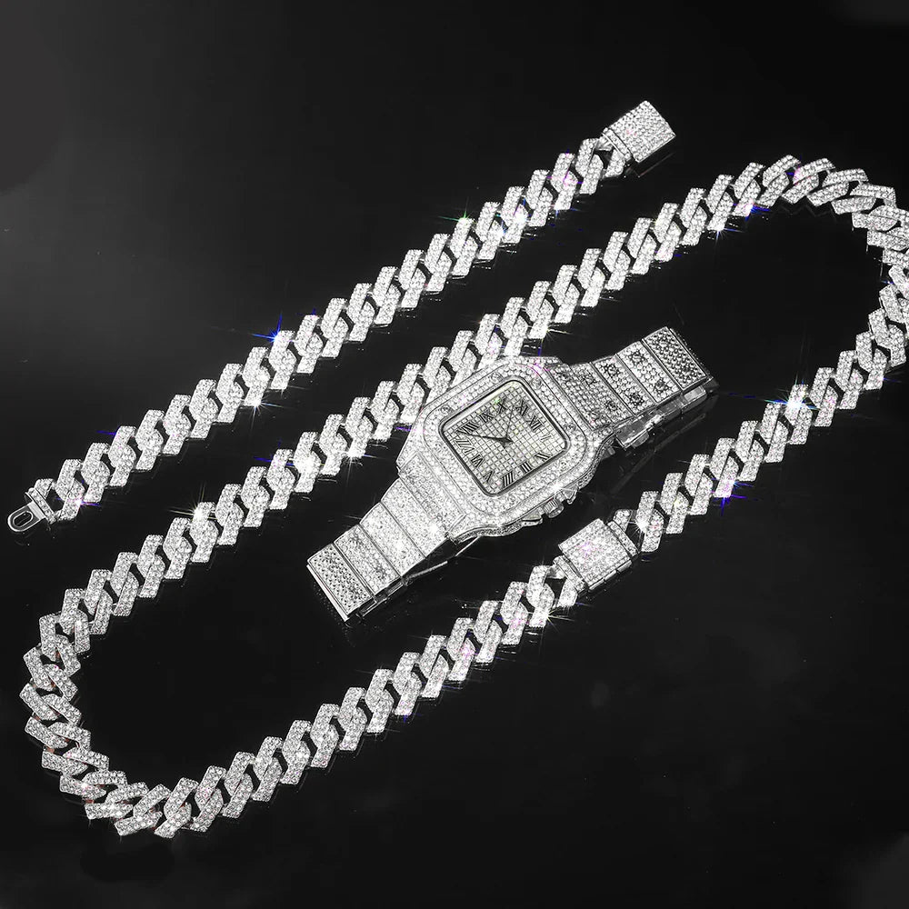 Gold Cuban Chain Watch Set