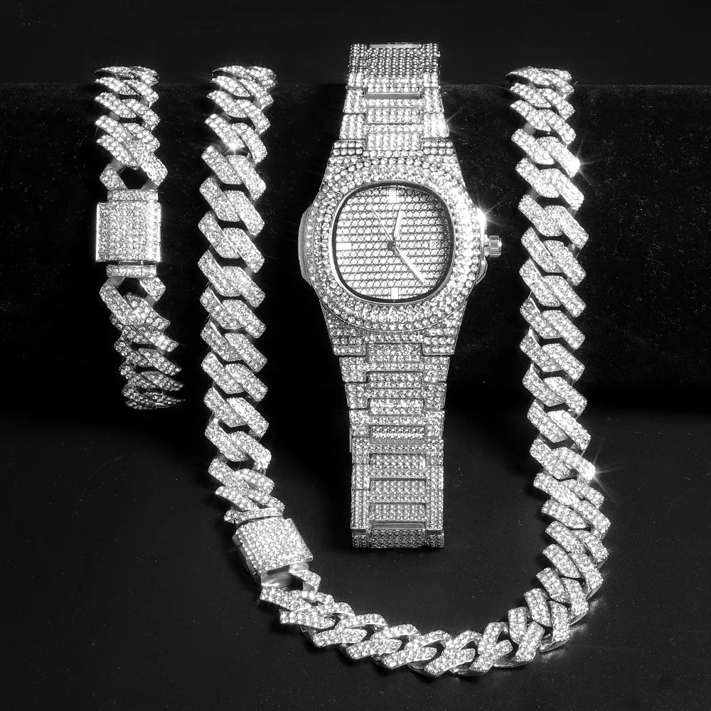 Gold Cuban Chain Watch Set