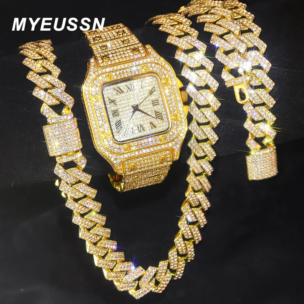 Gold Cuban Chain Watch Set