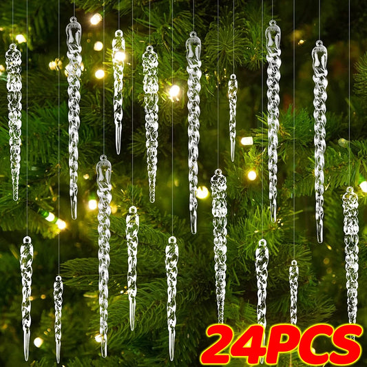 24/2PCS Crystal Clear Christmas Ornaments Acrylic Snowflake Icicles Pendants Winter Party Holiday Xmas Tree Hanging Decorations