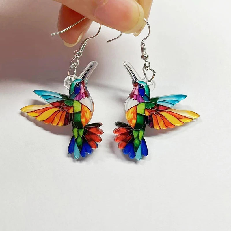 FTCY Acrylic Hummingbird Earrings For Women Retro Style Colorful Bird Drop Earrings Women's Jewelry Gifts