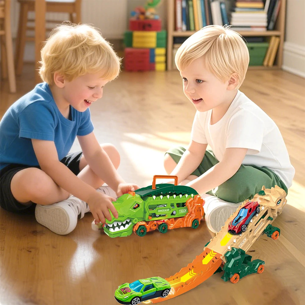 Transport Dinosaur Truck with Foldable Sliding Race Track, Transforms into Standing T-Rex & Trike, Best Birthday Gift for Kids