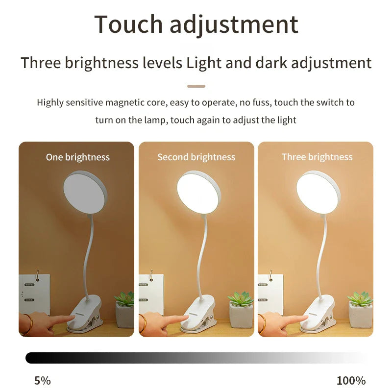 Table Lamp USB Rechargeable Desk Lamp Clip Bed Reading Book Night Light LED Touch 3 Modes Dimming Eye Protection Light Plug in