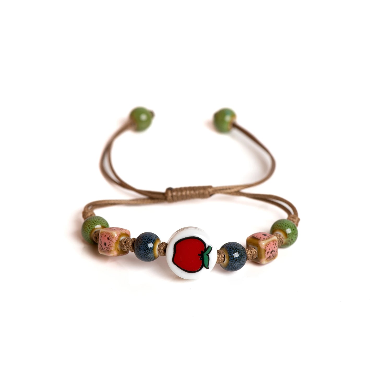 Handmade Apple Ceramic Bracelet Adjustable Woven Cord Cute Cartoon Style Jewelry for Gifts