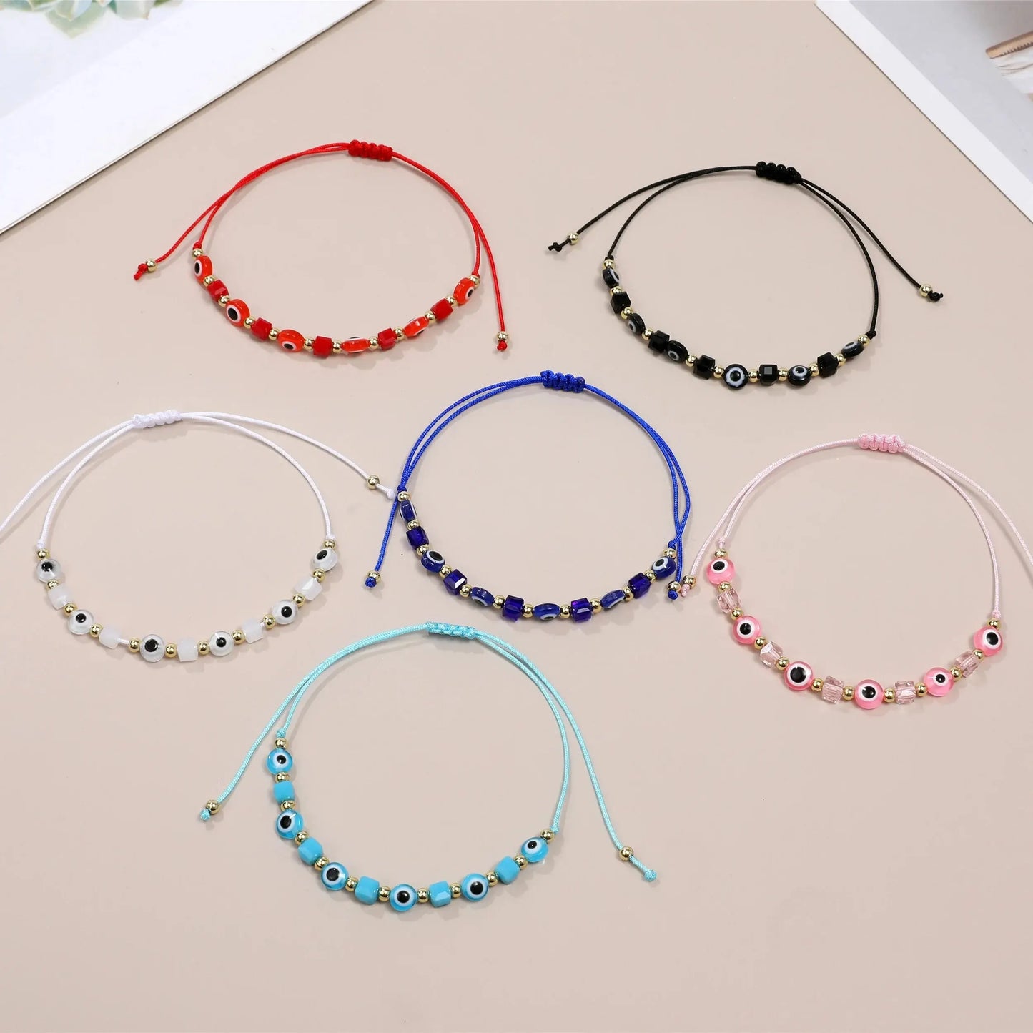12pcs New Evil Eye Square Crystal Bracelet Handmade Prayer Bangles Adjustable Anklets Wrist Jewelry Gift for Friend