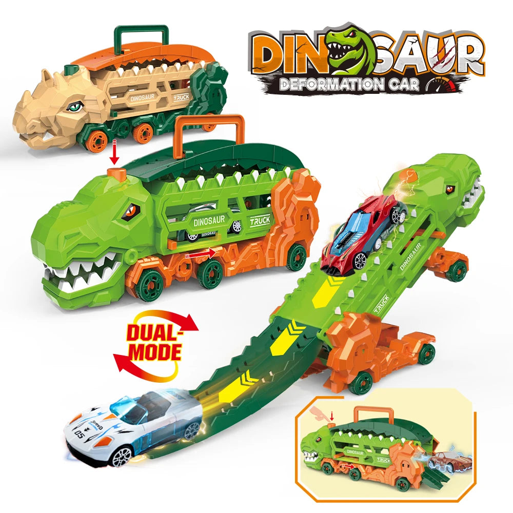 Transport Dinosaur Truck with Foldable Sliding Race Track, Transforms into Standing T-Rex & Trike, Best Birthday Gift for Kids