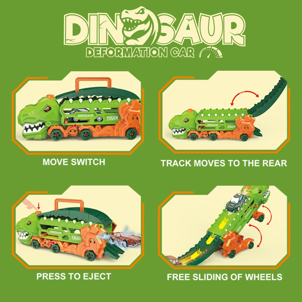 Transport Dinosaur Truck with Foldable Sliding Race Track, Transforms into Standing T-Rex & Trike, Best Birthday Gift for Kids