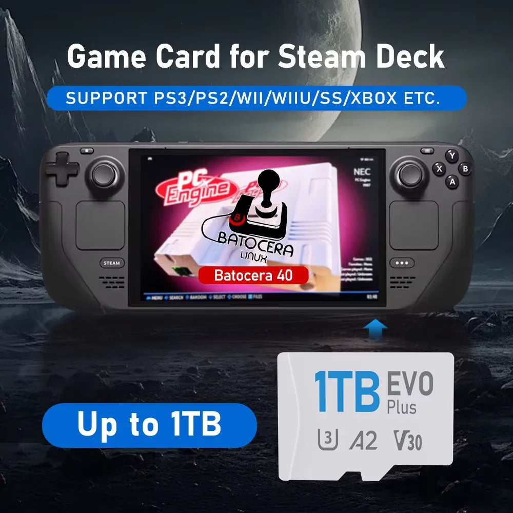 Game Card for Steam Deck with Batocera 40 Plug and Play up to 40000 Retro Games for PS3/PS2/PS1/PSP/WII/WIIU/XBOX/SS Emulators